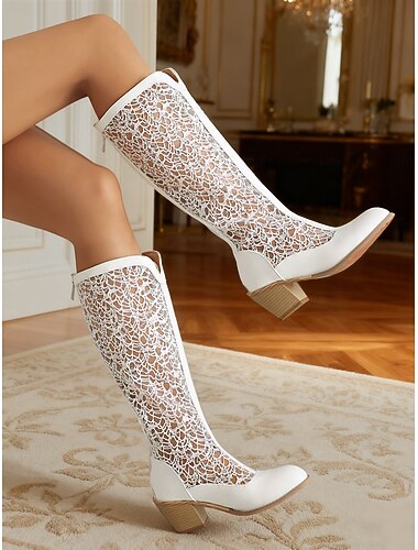  Witte kniehoge laarzen met blokhak van kant en imitatieleer voor dames – elegante, vintage-geïnspireerde schoenen voor lente, zomer en speciale gelegenheden
