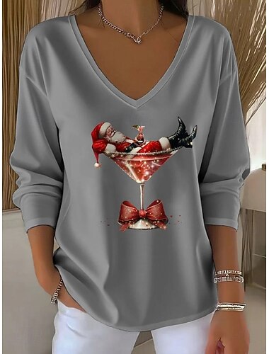  Jul Dame T skjorte Grafisk julenissen Jul Årgang Stilfull Klassisk Langermet V-hals Vanlige topper Daglig Trykt mønster Svart Hvit Rød Grønn Grå Vår Høst Vinter