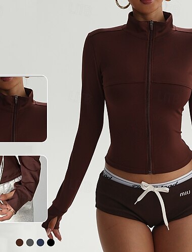  Damen Jacke mit Reißverschluss Yogajacke Stehkragen Leicht Bauchkontrolle mit Daumenlöchern Langarm Sport Einfarbig Oberteil Für sportlich Sport Pilates Sportkleidung