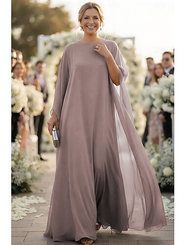  A-Linie Schlauchkleid Bodenlang Kleid für Hochzeitsgäste Abendkleid Brautmutterkleid Langarm U-Boot-Ausschnitt Elegant Formeller Abend Chiffon mit Einfarbig