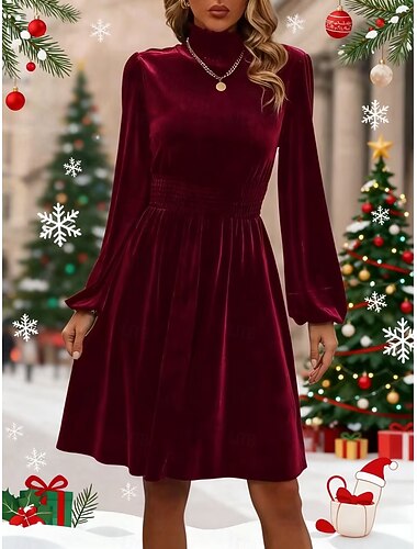  女性用 ミニドレス クリスマスドレス ベルベットドレス 二次会ドレス / カクテルドレス A ラインドレス カジュアル パーティー ストリート レギュラー 平織り 長袖 タートルネック ブラック ワイン グリーン 秋 冬