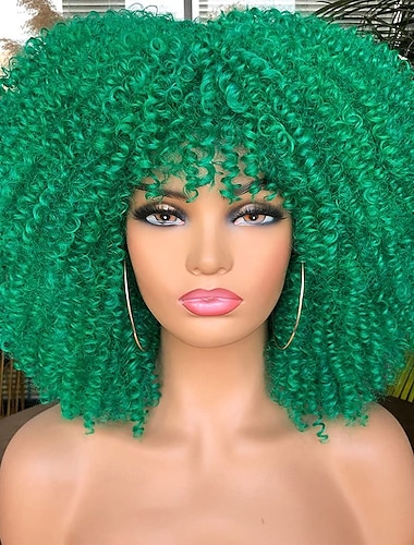  Perucas Verdes Peruca Sintética Afro Afro Cacheada Com Franja Curta Cabelo Sintético Verde Mulheres Moda Suave