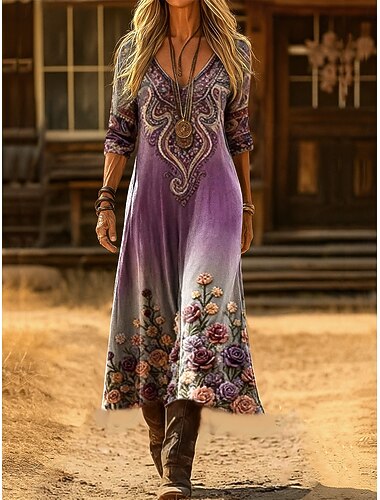  Női Maxiruha Hüvelyruha Buli Alkalmi Boho Napi Randi Alkalmi Laza öltözet Virágos Grafika Paisley Hosszú ujj V-alakú Fekete Rubin Bíbor Narancssárga Tavasz Ősz Tél