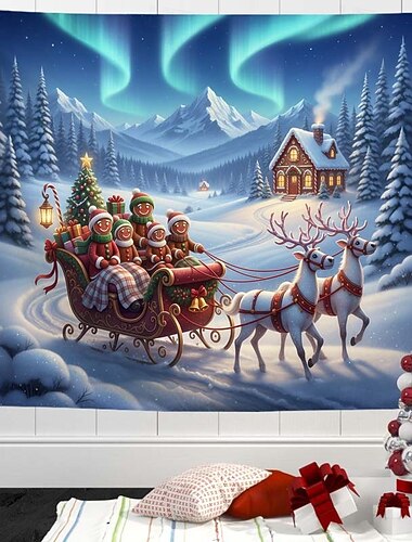  クリスマスオーロラガレージドアカバー - お祝いのホリデーデコレーション、オーロラ冬のサンタガレージカーテン、家の外装用