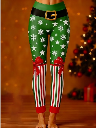  בגדי ריקוד נשים חותלות חופשה וינטאג' אופנתי באורך מלא מותניים גבוהיםPantsחג המולד גראפי פתית שלג מדפיס שמור על חום הגוף רך נושם סטרצ'י (נמתח) בָּחוּץ חופשה יומי לבן אודם תלתן סתיו חורף סקיני