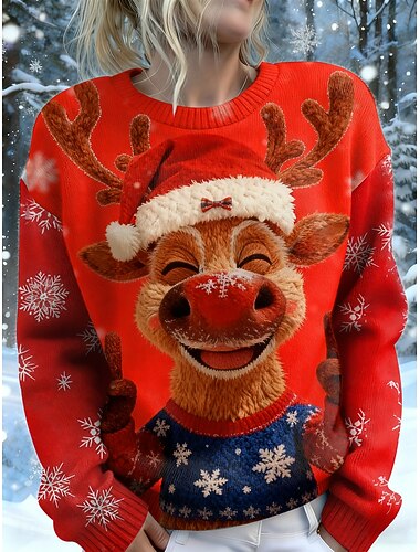  Рождественский женский свитер, милый, повседневный, с рисунком лося, с круглым вырезом, в стиле пэчворк, с длинным рукавом, обычный, с топами, вязаный, для рождественской вечеринки, праздника,