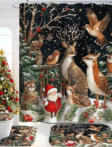  4-osainen suihkuverhosetti, sisältää wc-istuimen ja kylpyhuoneen lattiamaton – jouluinen kylpyhuoneen sisustuskoriste, joulukuusi-peura-oravakuvio, vedenpitävää polyesterimateriaalia ja 12 koukkua