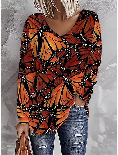  בגדי ריקוד נשים חולצה קצרה גראפי פרפר וינטאג' מסוגנן יום יומי שרוול ארוך צווארון V חולצות רגילות יומי דפוס כתום אביב סתיו