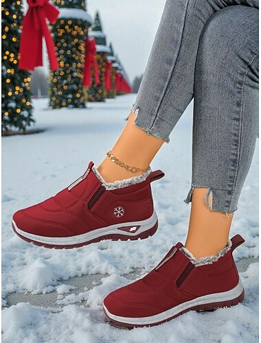  Adidași de iarnă vișiniu pentru femei, căptușiți cu fleece, călduroși - pantofi de exterior confortabili, impermeabili, pentru vreme rece și călătorii de Crăciun