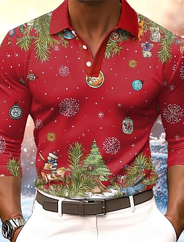  Χριστούγεννα Ανδρικά Χιονονιφάδα Πόλο Μακρυμάνικο Μπλουζάκια πόλο Πέτο Καθημερινό ΕΞΩΤΕΡΙΚΟΥ ΧΩΡΟΥ Καθημερινά Ρούχα Φεστιβάλ στολή 3D εκτύπωση Κουμπιά Άνοιξη Φθινόπωρο Χειμώνας Κόκκινο 1 Κόκκινο 3