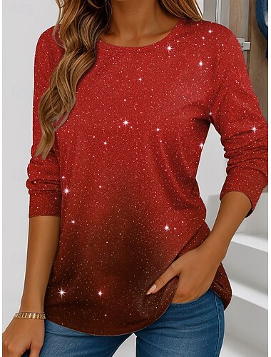  חולצת T לנשים לשנה החדשה גרפיקה בסגנון וינטג' אופנתית עם שרוולים ארוכים צווארון עגול לבישת יומיום סוף שבוע הדפסים כחול אדום סגול פוקסיה ירוק סתיו חורף