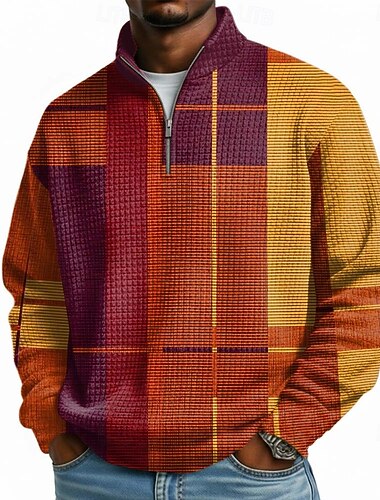  Herren Geometrisch Karomuster Waffel Pullover Mode Täglich Klassisch Lässig Stehkragen Viertelreißverschluss Outdoor Heim Büro Arbeit Gelb Purpur Orange Grau Reißverschluss Herbst Winter Designer S M