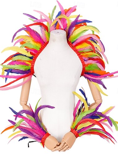  Carnaval 2026 Acessórios de Samba do Carnaval do Rio Conjunto de Ombros e Saia de Plumas Arco-Íris - Custo de Fantasia de Dança Showgirl Multicolorido Custo de Festival do Brasil