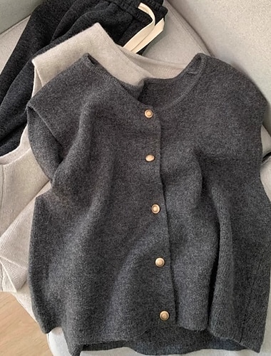  Жен. Вязаная ткань Свитер жилет Винтаж Мода Уличный стиль Сплошной цвет V-образный вырез Пуговицы Трикотаж Без рукавов Обычные топы Вязать Повседневные Праздники На выход Черный Абрикосовый