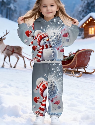  Weihnachten Unisex Jungen 3D Grafik Schneemann Hoodie- und Jogginghosen-Set Sportanzug Trainingsanzüge Langarm 3D-Druck Herbst Winter Sport Mode Lässig Kinder 4-12 Jahre Mit Kapuze Outdoor Straße