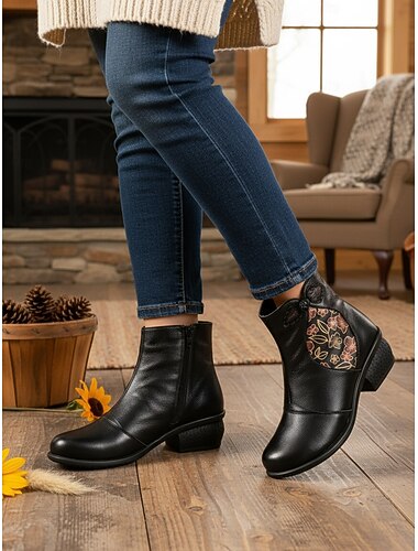  サイドジップ付きのレディーススプリットレザーアンクルブーツ - 快適なローブロックヒール、レトロなカジュアルスタイル、普段履き、仕事、ウォーキング、秋冬の服装に最適