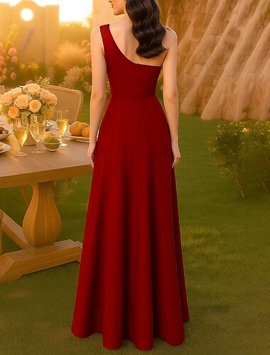  فستان حفلة تخرج بطول الأرض على شكل A فستان حفلة فستان كوتيل فستان والدة العروس بلا أكمام كتف واحد أنيق فينتاج حفلة مع رباطات