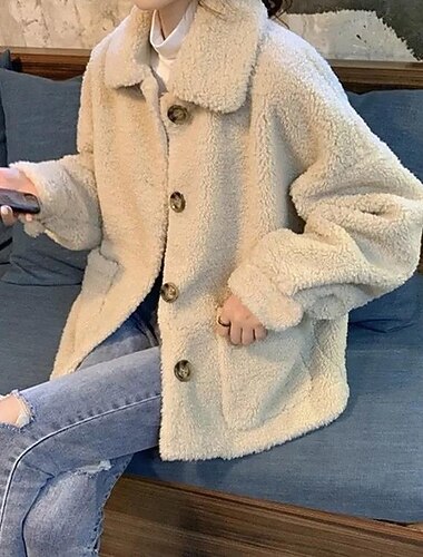  Dame Vinterfrakk Fleece-jakke Teddyfrakk Bekvem Lomme Elegant Aktiv søt stil Daglig Helfarge Formell utendørs Hjem Gave Kort Aftæpning Løstsittende Langermet Yttertøy Aprikos Vår Høst
