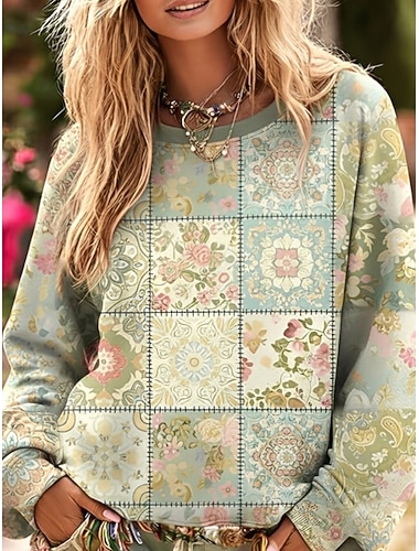  Γυναικεία Φούτερ πουλόβερ Φλοράλ Καρό Βίντατζ δυτικός Καθημερινό Μακρυμάνικο Στρογγυλή Ψηλή Λαιμόκοψη Κανονικά μπλουζάκια Δρόμος Καθημερινή Ένδυση Causal Κουρελού Στάμπα Πράσινο του τριφυλλιού