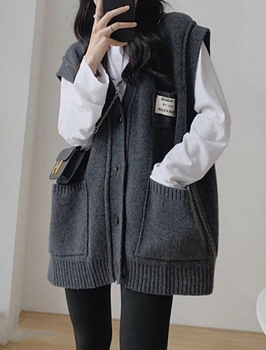  Dámské Svetr Kardigan Šik ven Na běžné nošení Pevná barva Do V Kapsy Knoflíky Pletený Bez rukávů Běžné topy Plést Denní Dovolená Jdeme ven Černá Šedá Podzim Zima