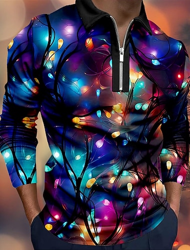  Noël Homme Lanternes Polo manche longue Polos Revers Occasionnel Tenue quotidienne Tenue de fête Impression 3D Polo à fermeture éclair 1/4 Printemps Automne Hiver Bleu Rose Claire Rouge
