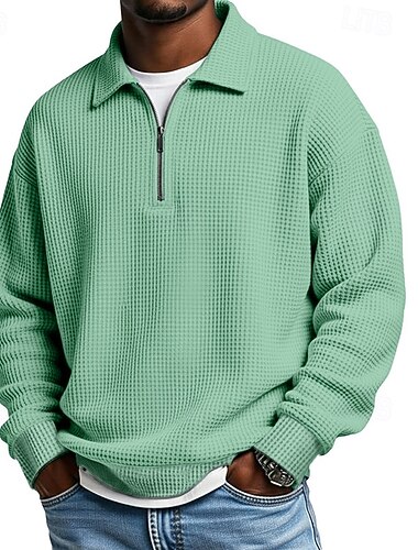  Men's Waffle Polo Shirts Quarter Zip Polo Outdoor Causal Quarter Zip Long Sleeve Fashion Modern Solid Color Textured Knitted Spring &  Fall All Seasons Loose Fit Black White Navy Blue Dark Green