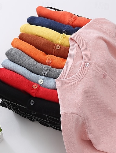  Dzieci Dla obu płci Sweter Jednokolorowe Długi rękaw Guziki Na zewnątrz Moda Czarny Jesień Odzież 4-12 lat