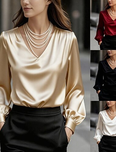  חולצה לנשים סאטן חולצות אלגנטיות פשוט אלגנטי אופנתי קז'ואל שרוולים ארוכים צווארון V רגיל חולצות יומי חג ליציאה אסוף שחור לבן אדום משמש אביב סתיו חורף