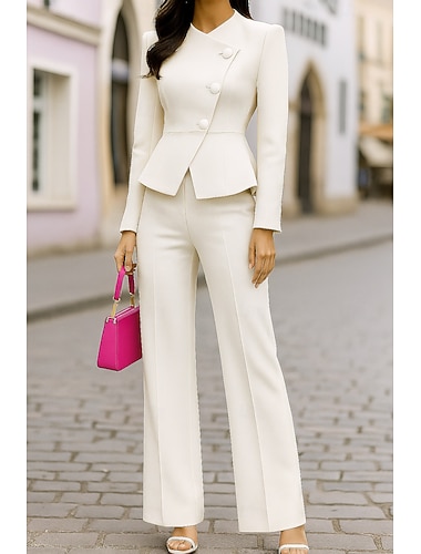  Dames 2-delige pakken Broekpakken Formeel Stretch crêpe Elegant Eenvoudig Smoking Lange mouw Tot de grond Assymmetrisch Enkele rij knopen