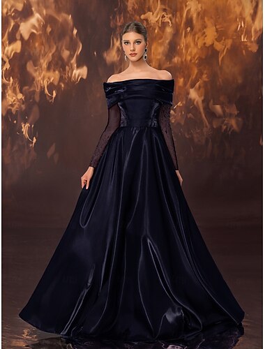  Ligne A Longueur au sol Robes de Bal Robe de Soirée Tenue de soirée Élégant Style Célébrité Sans manches Épaules Dénudées Formel Mariage Satin Extensible avec Plis Perlage