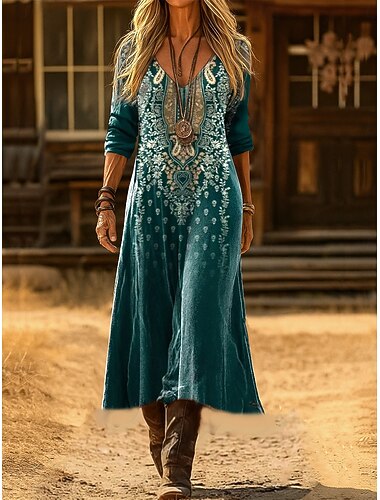  Dame Midikjole Tubekjole Ferie Fest Fritid Daglig Stevnemøte Ut på byen Normal Grafisk Paisly Langermet V-hals Rød Lysebrun Grønn Høst Vinter