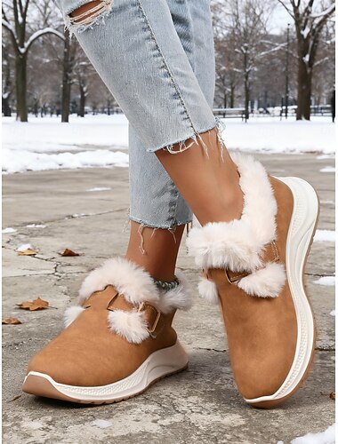 Dámské teplé tenisky s přezkou z umělé kožešiny - měkká podšívka, protiskluzové zimní nazouvací boty, pohodlná outdoorová obuv na běžné chůzi a cestování na dovolenou