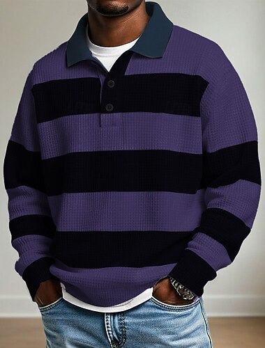  男性用 水平ストリップ ポロ ラグビーポロ ラグビーポロシャツ 長袖 ポロシャツ ラペル スポーツウェア カジュアル 学校 アスレイジャー デイリーウェア 3Dプリント 春 秋 冬 ブルー ホワイト パープル