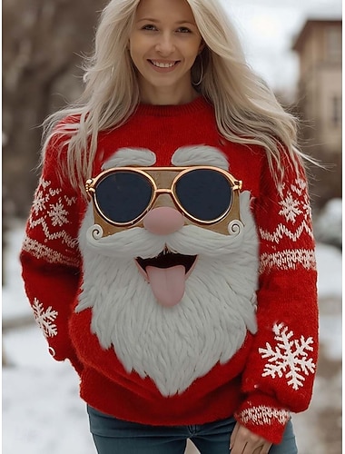  jul damegenser søt gatemote avslappet grafisk julenissen snøflak rund hals lappeteppe strikket langermet vanlig topper strikket julefest rød vår høst