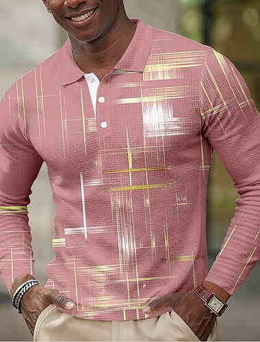  رجالي هندسي قمصان بولو الوافل كم طويل قمصان البولو قميص بياقة عمل يومي عمل ارتداء للعمل مناسب للبس اليومي Buttons الربيع الخريف الشتاء أزرق أسود وردي بلاشيهغ