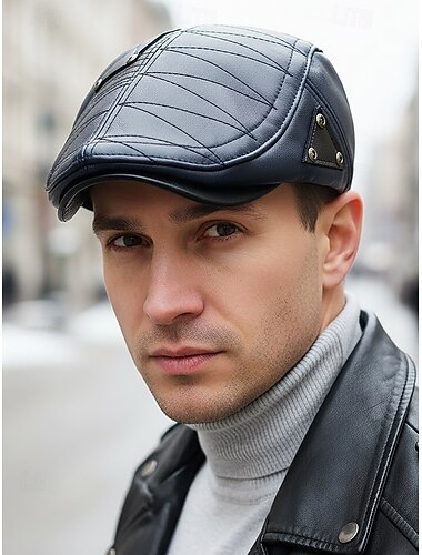  Casquette plate pour homme en similicuir, matelassée avec détails triangulaires, disponible en plusieurs couleurs, élégante et chaude pour l'hiver et les tenues décontractées.