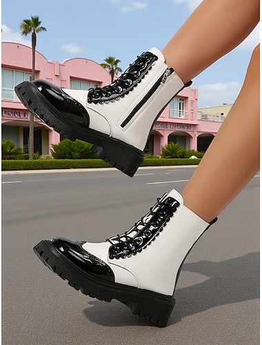  Bottes de combat lacées noires et blanches pour femmes avec détails festonnés – style punk tendance, parfaites pour les sorties quotidiennes, le streetwear et le quotidien