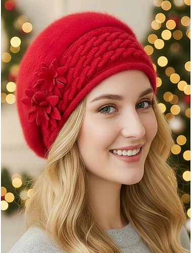  Damen-Winter-Baskenmütze mit 3D-Blumenmuster – weiches Kunstfell mit Fleecefutter, stilvolles Strickdesign, in verschiedenen Farben erhältlich, perfekt für kaltes Wetter und die Feiertage