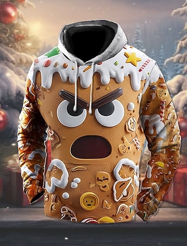 Noël Homme Graphique Emoji bonhomme en pain d'épice Sweat à capuche Sweat à capuche imprimé Mode Streetwear Vacances Occasionnel À capuche Sortir Festival Marron Impression 3D Printemps Automne