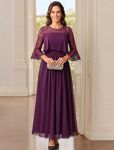  A-linje Ankellengde Te-lengde Cocktail Kjole Langermet Crew-hals Elegant Årgang Fest Polyester Kjole til brudens mor med Blonder Plissert