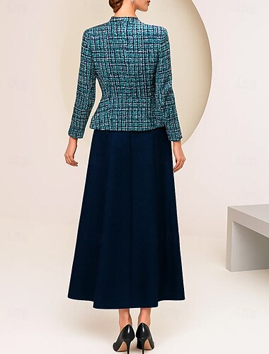  Todelt A-linje Linjeform Ankellengde Cocktail Kjole Langermet V-hals Elegant Årgang Fest Formell Ull Polyester Kjole til brudens mor med Fargeblokk