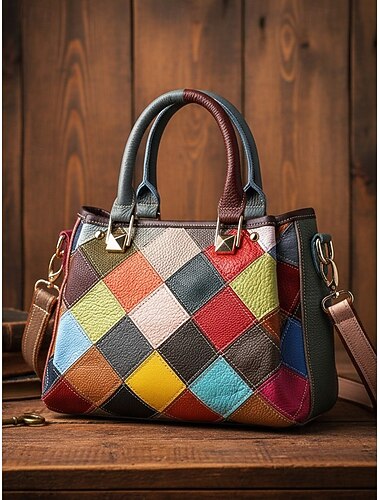  תיק עור לנשים, עיצוב טלאים רב צבעים, חומר עור אמיתי, רב-תכליתי עם ידיות עליונות ורצועת כתף מתכווננת, אופנתי ופונקציונלי לשימוש יומיומי ולאירועים מיוחדים