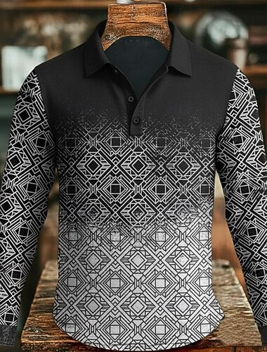  Herre Abstrakt Polo Langermet Poloskjorter Knaphul Årgang Fritid Gate treningsklær Dagligdagstøy 3D-utskrift Knapper Vår Høst Vinter Blå Brun Grå