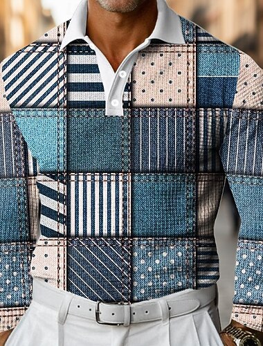  Miesten Väripalikka Geometrinen Vohveli poolopaidat Pitkähihainen Poolopaidat Kauluspaidat Business Casual liiketoiminta Käytä töihin Arki-asut Napit Kevät Syksy Talvi Sininen Apila