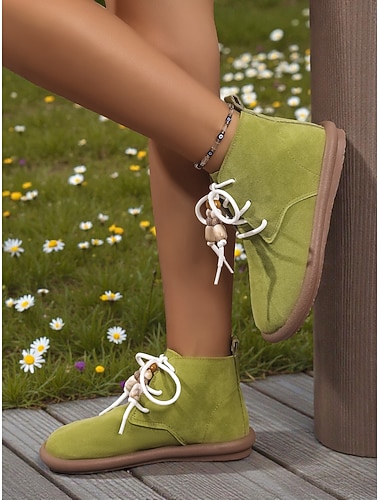  Bottines vertes pour femmes à lacets perlés – bottines chukka bohèmes plates, idéales pour les promenades printanières, les voyages et les tenues décontractées pour l'école.