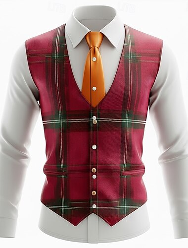  Noël Homme Costume de Noël Conception de faux col et de costume Gilet imprimé tartan imitation Chemise Chemise Boutonnée manche longue Mode Décontractée Cadeaux de Noël Fête Col Rabattu Impression 3D
