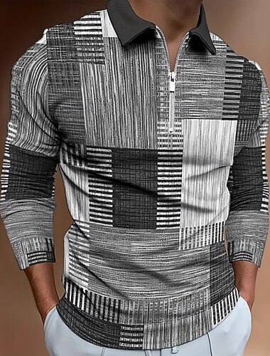  בגדי ריקוד גברים גיאומטרי קולור בלוק פּוֹלוֹ שרוול ארוך צווארון מתקפל מודרני יום יומי ספורט וחוץ בגדי ספורט ומנוחה יום יומי\קז'ואל רוכסן הדפסת תלת מימד אביב סתיו חורף פול חום בצבע אפר