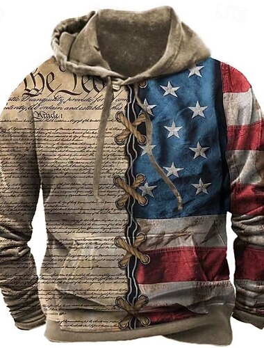  Men's Graphic American Flag Hoodie Pullover Hoodie Printed Hoodie Fashion Streetwear Casual Vintage Retro Hooded Outdoor Vacation Going out Red Khaki Dark Blue Gray Drawstring Pocket Print Spring Fall