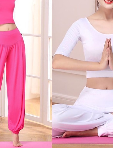  Жен. Костюм для йоги Штаны-фонарики Тренировочный комплект из 2 предметов Сплошной цвет Наборы одежды Осень Черный Белый Модал Танцы Пилатес Йога Завышенная Легкость Дышащий Рукав до локтя Спорт