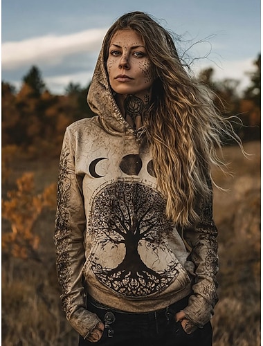  Női Pulóver Hoodie pulóver Törzsi Szüret Alkalmi Hosszú ujj Kapucni Normál felsők Hétköznapi Sport Bíbor Khakizöld Bézs Tavasz Ősz Tél